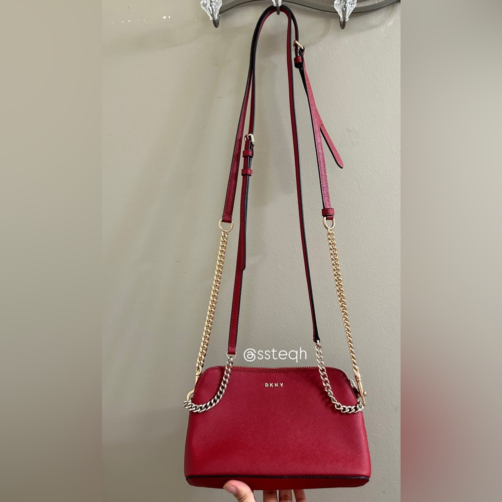 DKNY Red Leather Crossbody Bag with Silver Chain strap INCLUDES Gold Chain Strap
